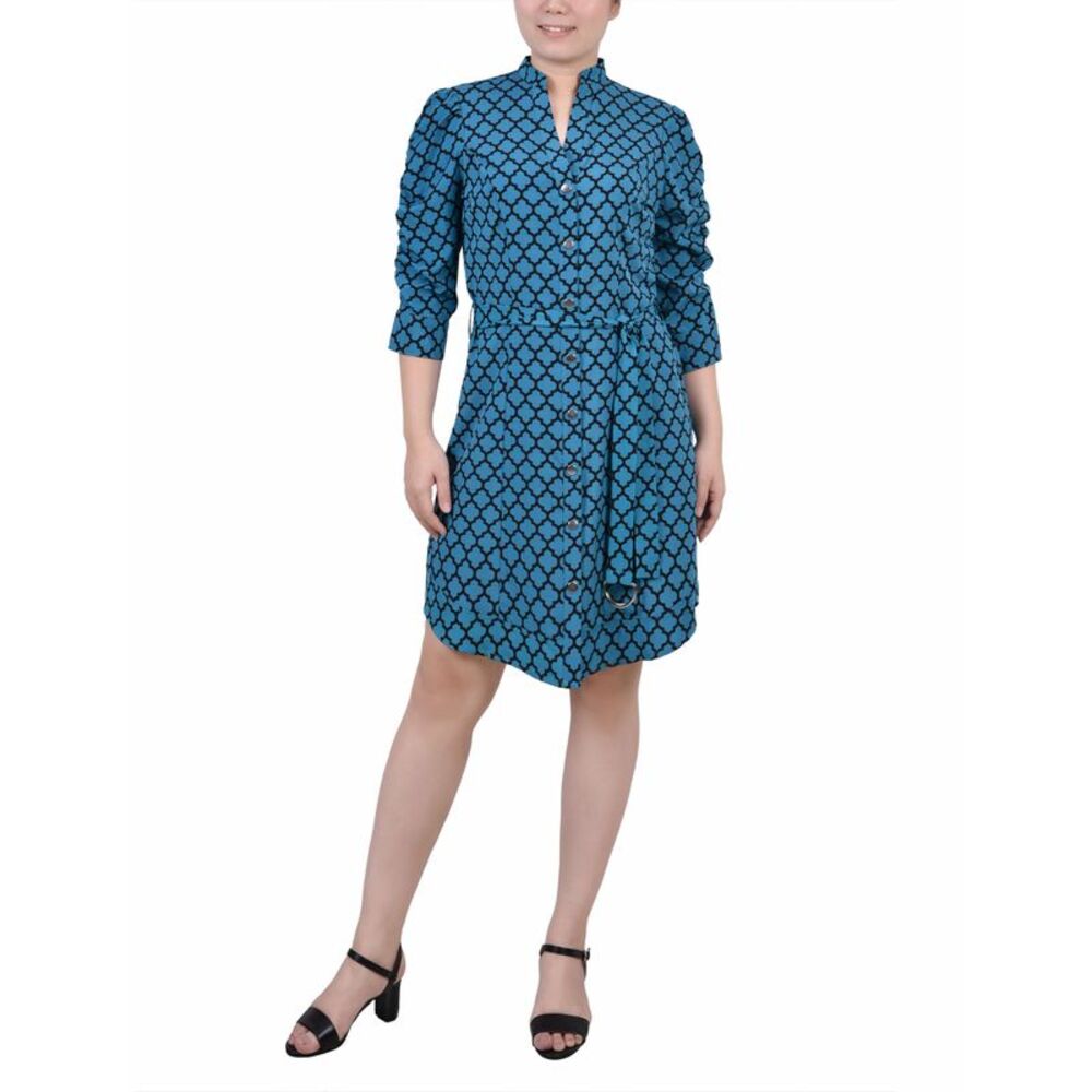 NY Collection Petite 3/4 Rouched Sleeve Dress With Belt
